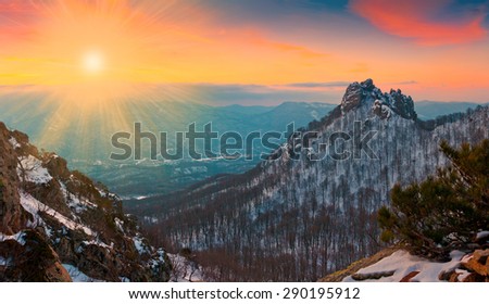 beautiful amazing sunset view winter  landscape mountain snow nature background country russia caucasus concept leisure ecology land