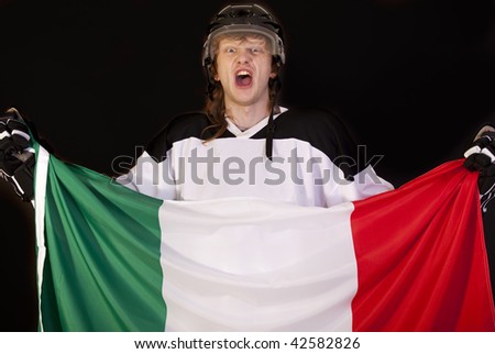 happy ice hockey fan with a italian flag