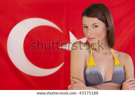 stock photo beautiful woman in bikini over turkish flag