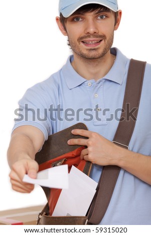 happy postal worker with letters on white background
