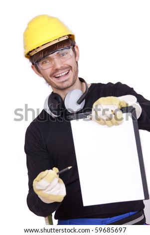 happy worker holding clipboard for signature