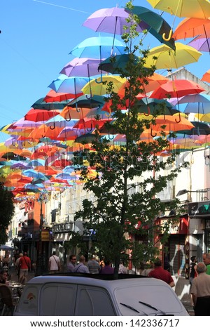 Street decorated with colored umbrellas.Madrid,Getafe, Spain