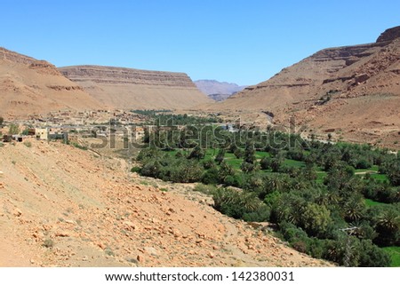 Wide view of cultivated fields and palms in Errachidia Morocco North Africa Africa, deep blue sky