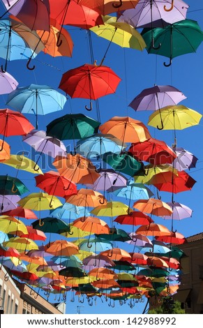Street Decorated With Colored Umbrellas, Madrid, Getafe, Spain