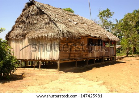 Peru, Peruvian Amazonas landscape. The photo present typical indian tribes settlement in the Amazon