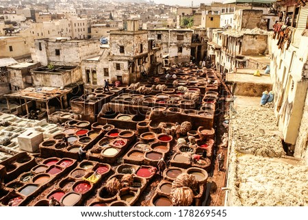 Tanneries of Fes, Morocco, Africa Old tanks of the Fez\'s tanneries with color paint for leather, Morocco, Africa