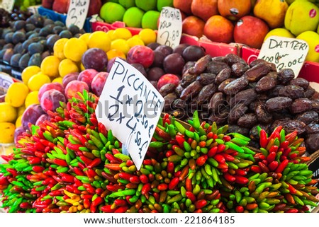 Colorful groceries marketplace in Venice, Italy. Outdoor market stall with fruits and vegetables.
