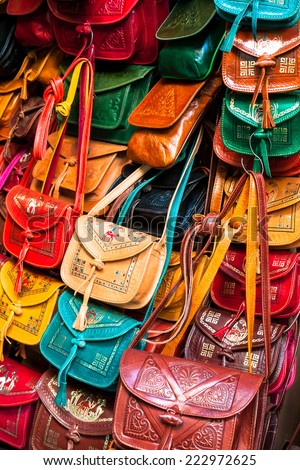 Colorful leather handbags collection on Tunis market