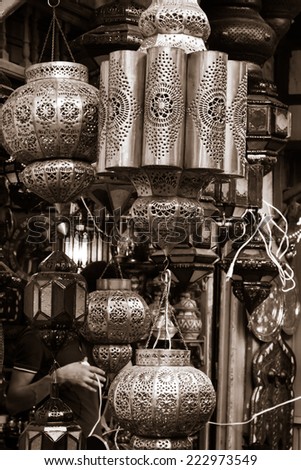 Traditional  glass and metal lamps in shop in the medina of Tunis,Tunisia