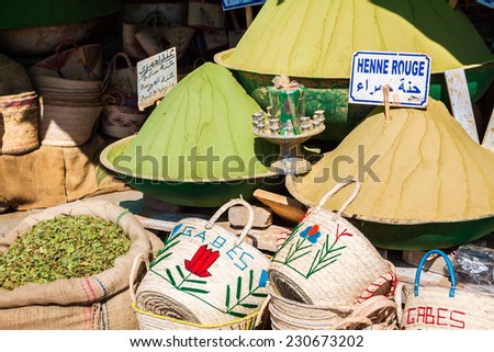 Beautiful vivid oriental market with baskets full of various spices