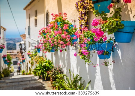 Picturesque street of Mijas with flower pots in facades. Andalusian white village. Costa del Sol. Southern Spain
