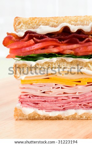 A classic club sandwich with ham, turkey, cheddar cheese, swiss cheese, lettuce, tomatoes, bacon, and lots of mayonnaise.