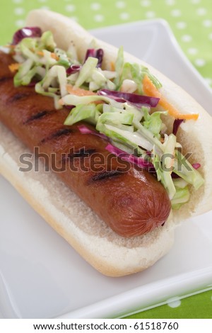 A plump grilled beef hot dog on a bun topped with fresh cole slaw.