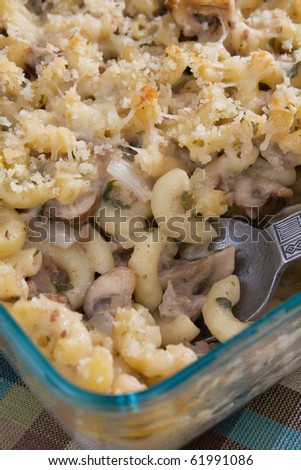 Two classic comfort foods come together as one in this baked stroganoff macaroni and cheese. Creamy macaroni pasta with ground beef, mushrooms, onions, swiss cheese, and panko bread crumbs.