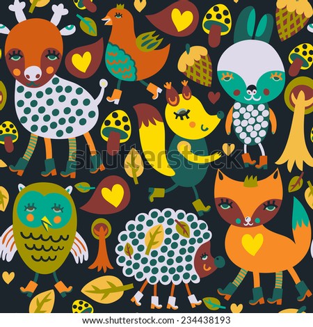 Colorful seamless pattern with woodland animals and birds