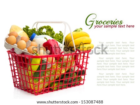 Shopping Basket With Groceries , Isolated Over White Background