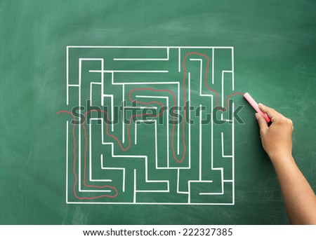 Problem and solution - person solving maze. Blackboard / chalkboard business concept.