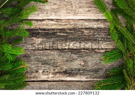 Christmas fir tree branches on wooden background, winter frame