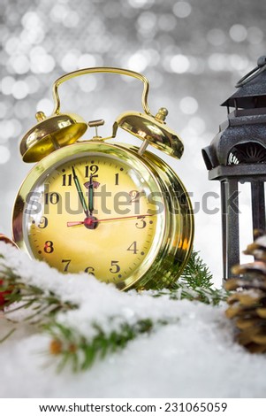 Happy New Year, gold retro clock showing five to midnight