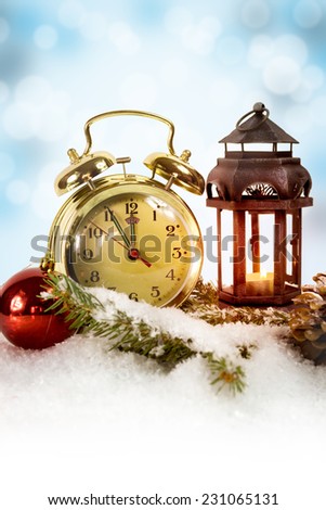 Happy New Year, gold retro clock showing five to midnight