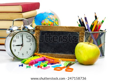 Group of colorful school notebooks and supplies