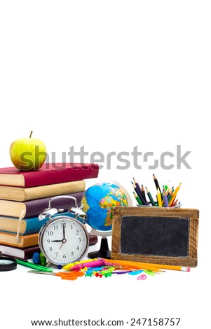 School supplies on white background, concept education