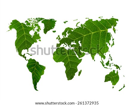 eco world map made of green leaves, concept ecology