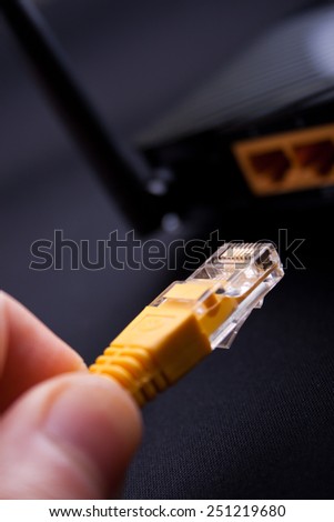 connection router with lan cable, close up
