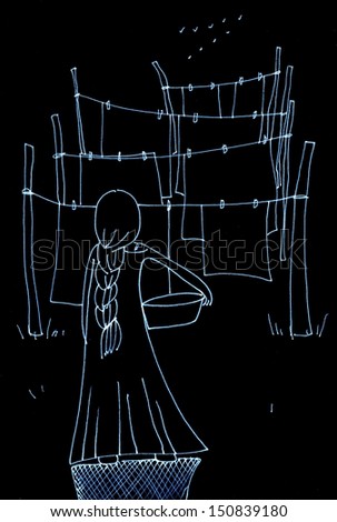 The sketch illustration on the black paper with a girl and her housework