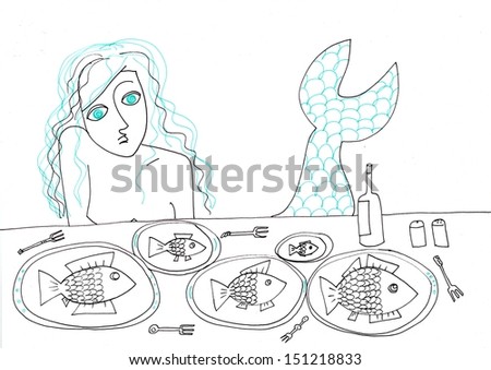 The sketch illustration of a mermaid\'s dinner with fishes and a question on face