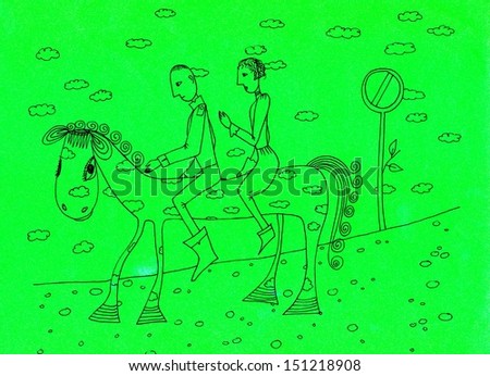 The sketch illustration of a couple on the horse on the green spring background