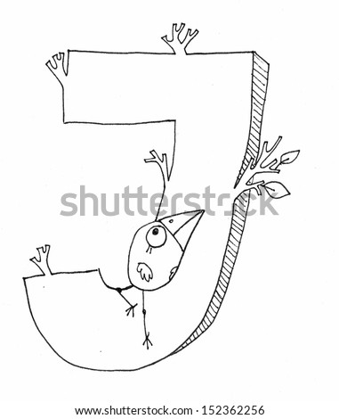 The sketch illustration of an alphabet letter with a little funny bird on it