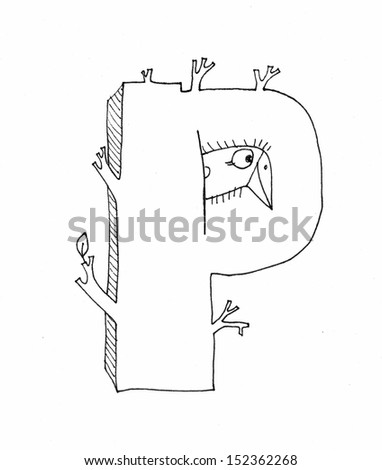The sketch illustration of an alphabet letter with a little funny bird on it