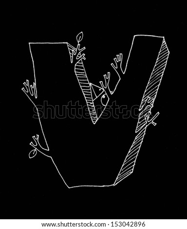 The sketch illustration of an alphabet letter with a little funny bird on it, on the black background