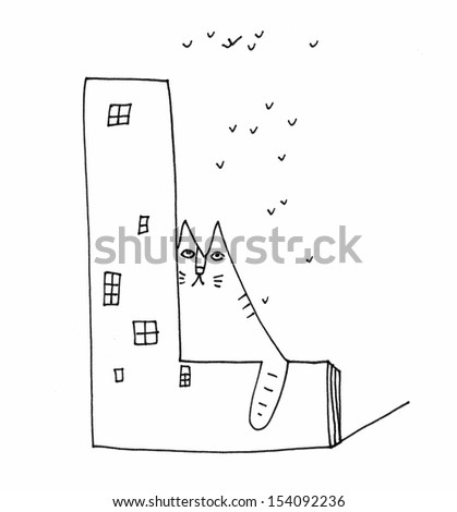 The sketch illustration of an alphabet letter with a cat watching the flying birds, while sitting in the house