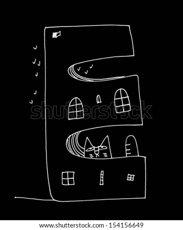 The sketch illustration of an alphabet letters with cats and birds on the black background