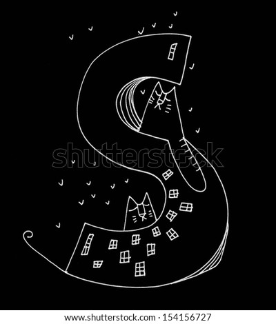 The sketch illustration of an alphabet letters with cats and birds on the black background