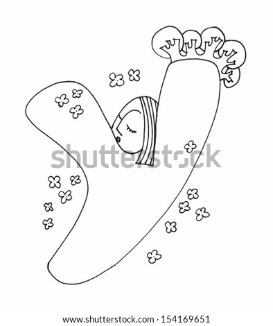 The sketch illustration of an alphabet letter with women\'s faces, trees and flowers
