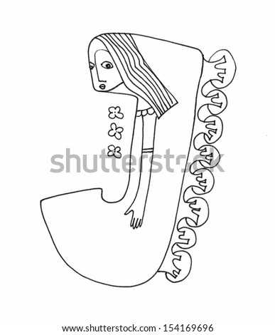 The sketch illustration of an alphabet letter with women's faces, trees and flowers
