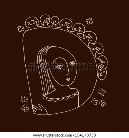 A sketch illustration of an alphabet letter with woman faces, trees and flowers in the vintage style on the brown background