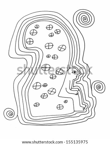 The sketched illustration of the number two with a sitting men and spirals on the white background