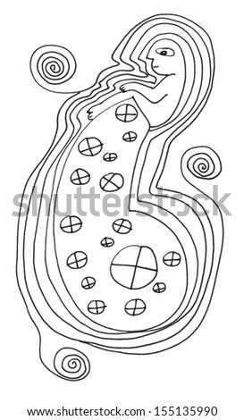 The sketched illustration of the number six with a sitting men and spirals on the white background