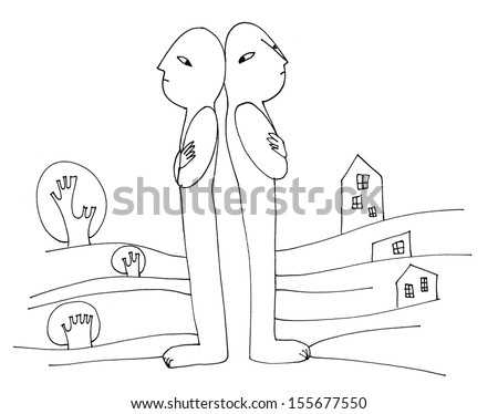 The Sketched Illustration Of Two People Standing Back To Back On The