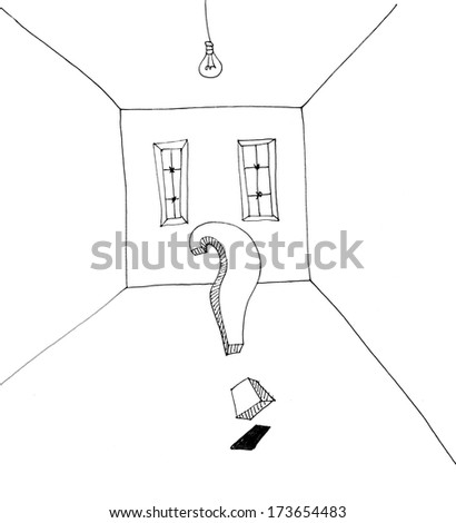 The sketched illustration of an empty room with a question mark in it made with the ink pen