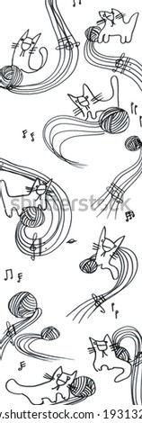 The sketched illustration of cats with the printed music hand drawn with the ink pen on the white panel