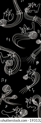The sketched illustration of cats with the printed music hand drawn with the ink pen on the blackboard