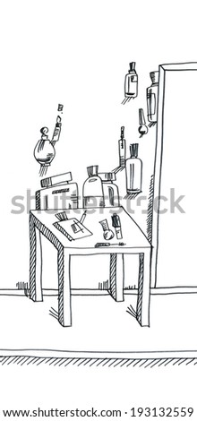 The sketched illustration of a wall design with a chair and vials hand drawn with the ink pen