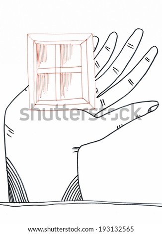 The sketched illustration of a wall decoration with a hand and a window hand drawn with the ink pen