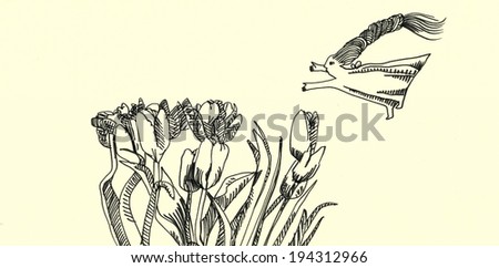 The sketched illustration of a flying girl with a braid over the flowers hand drawn with the ink pen