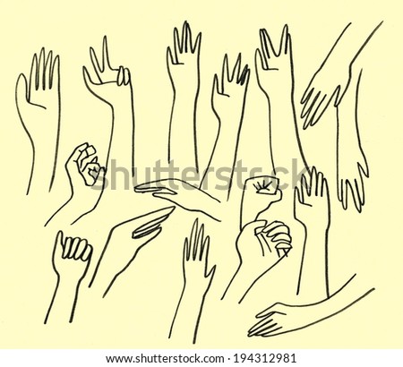 The sketched illustration of hands in different positions hand drawn with the ink pen on the light yellow paper